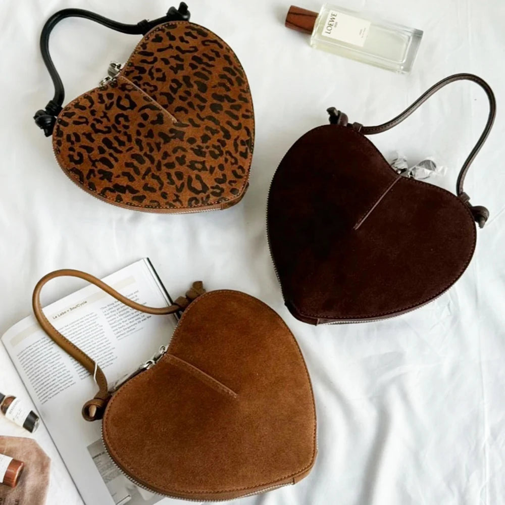 Luxury Suede Leather Heart Handbag Elegant Vintage Love Heart Women Shoulder Bag 2026 Fashion Trend Party Evening Top Handle Bag