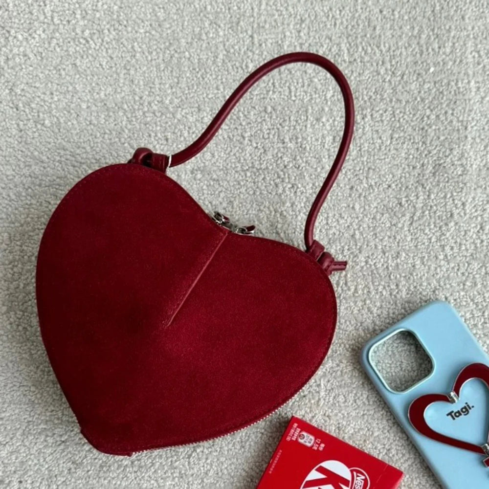 Luxury Suede Leather Heart Handbag Elegant Vintage Love Heart Women Shoulder Bag 2026 Fashion Trend Party Evening Top Handle Bag