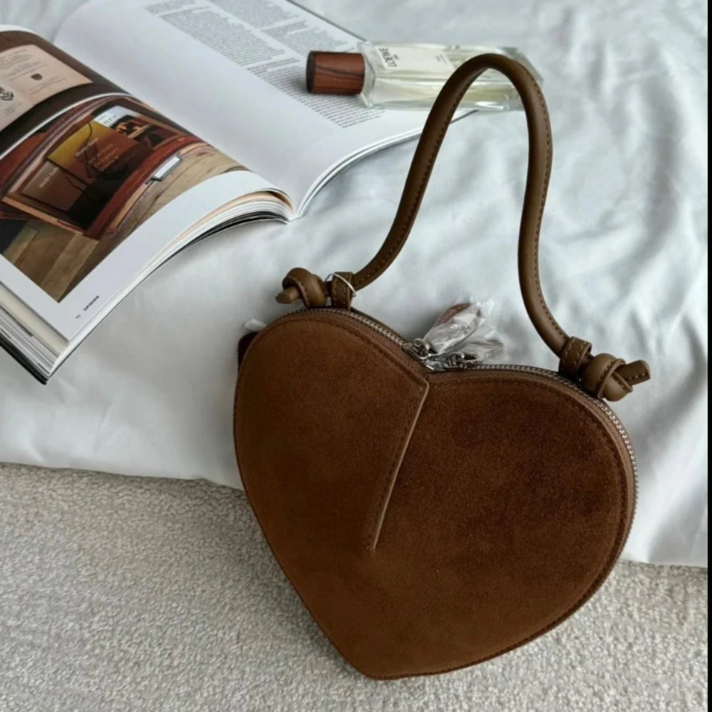 Luxury Suede Leather Heart Handbag Elegant Vintage Love Heart Women Shoulder Bag 2026 Fashion Trend Party Evening Top Handle Bag
